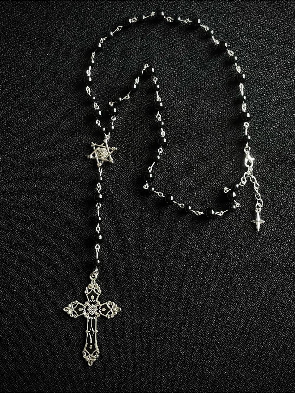 Black Beaded Silver Cross Necklace